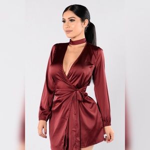 Red Satin Long Sleeved Dress